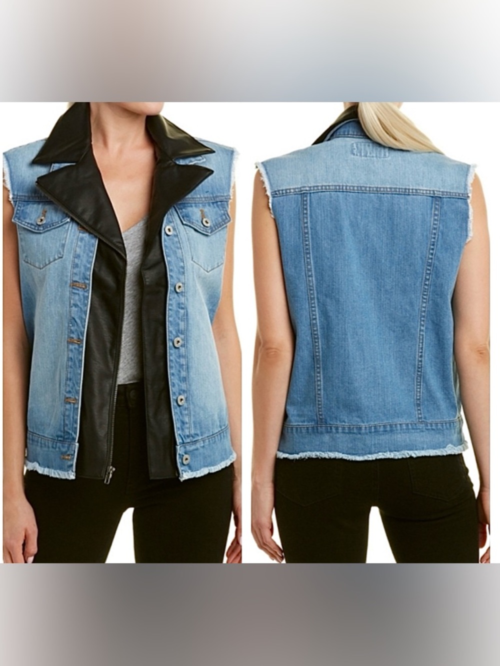 BB Dakota Sleeveless Light Wash Denim Vest with Black Faux Leather Trim